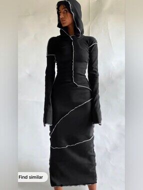 Lady Wholesale Black Hooded Seam-Detail Maxi Dress
